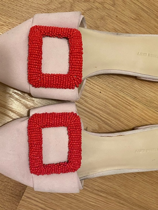Something Navy Shoes - Something Navy pink suede pointed toe flats size 7 red beaded buckle